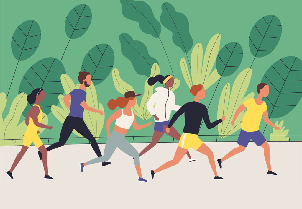 Group of people with different body types and shapes running outdoors