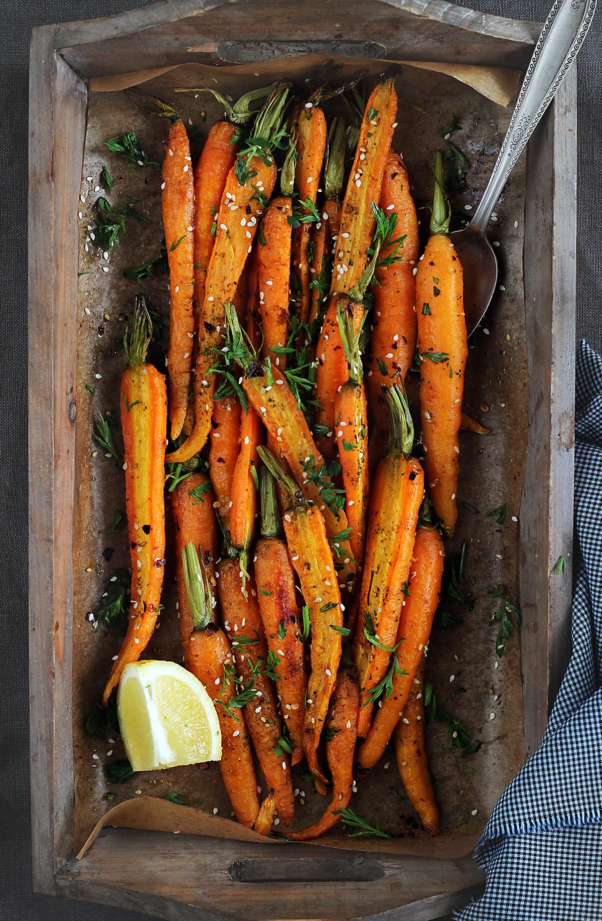 Roasted carrots in baking tray