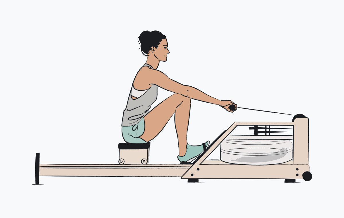 Chart showing how to do the catch phase of the rowing stroke on the rowing machine (step 1)