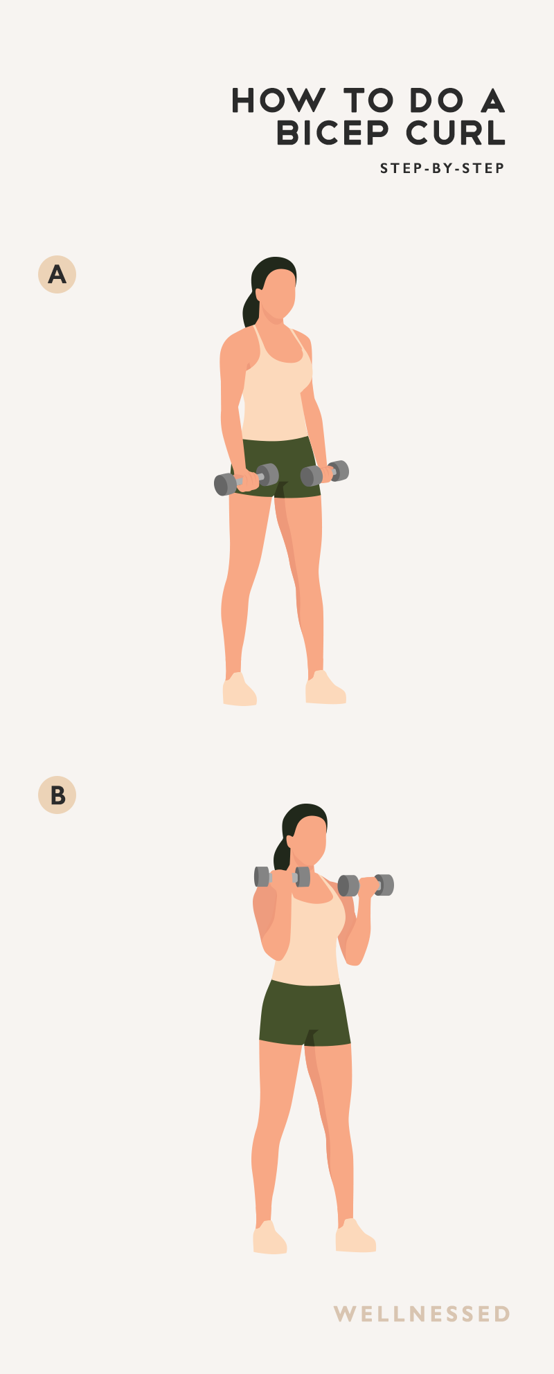 Step-by-step illustration of how to do a bicep curl.