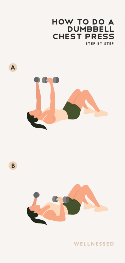 Step-by-step illustration of how to do a dumbbell chest press.