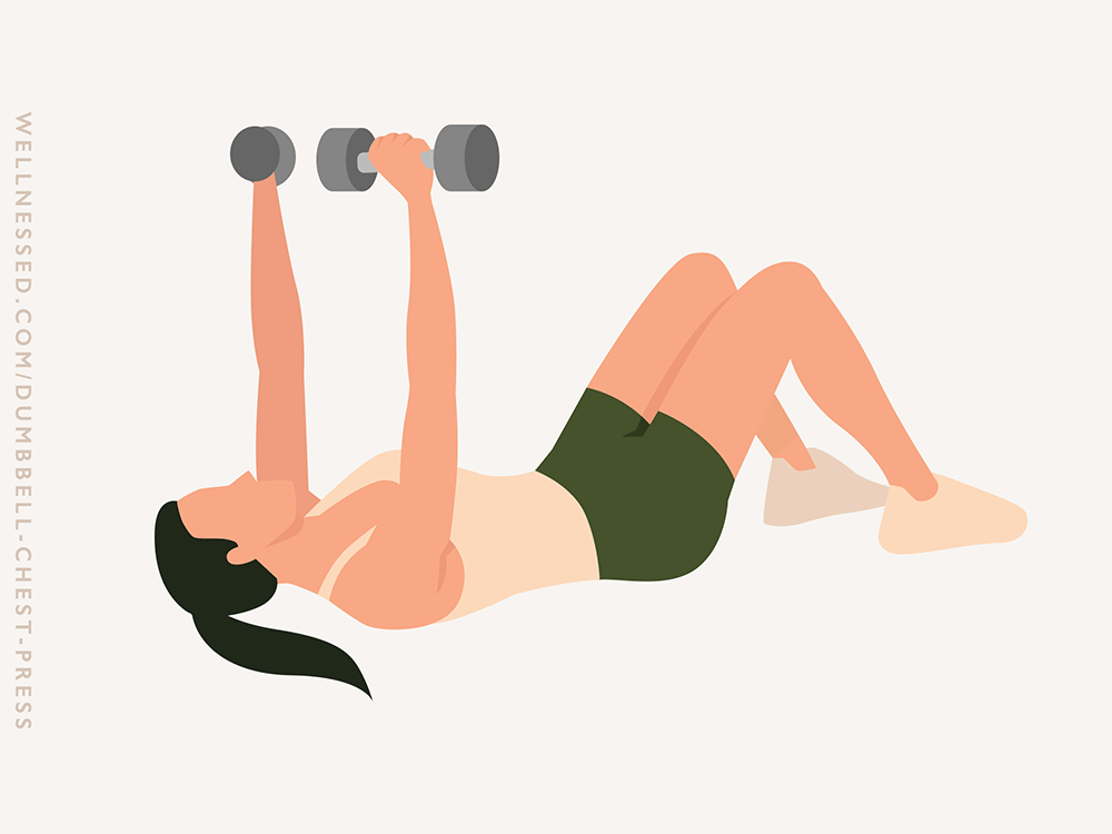 Illustration of how to do a dumbbell chest press.