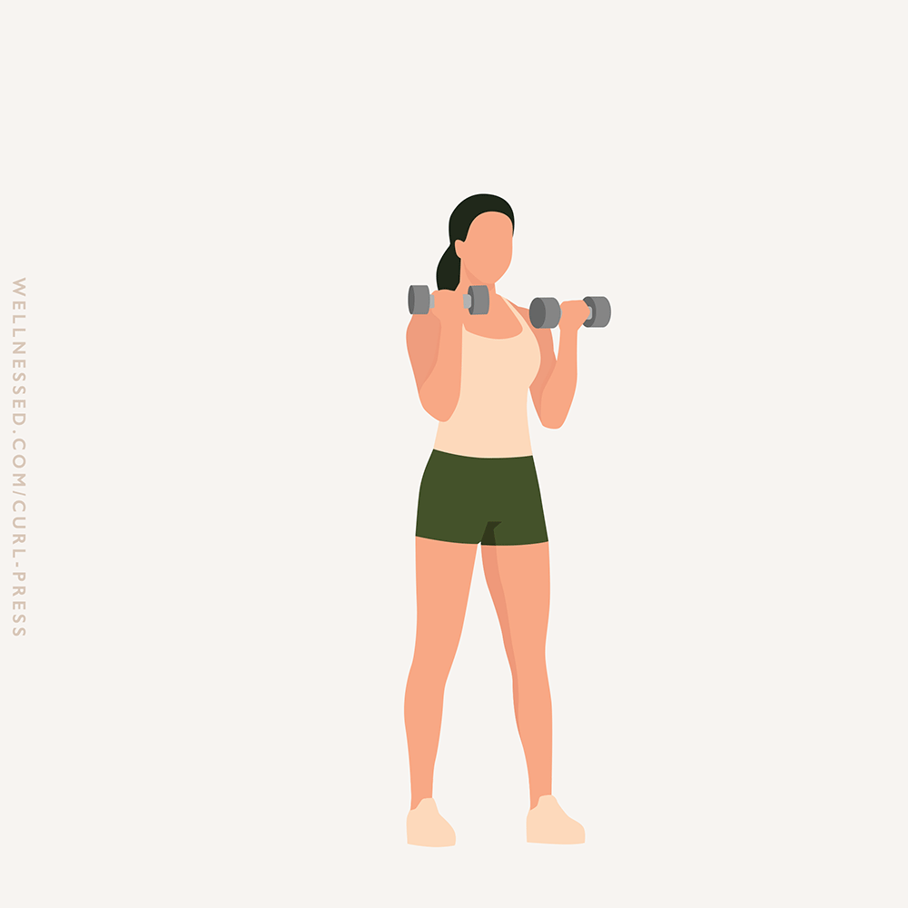 Illustration of how to do a dumbbell curl and press.