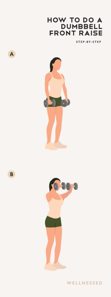 Illustration of how to do a dumbbell front raise.