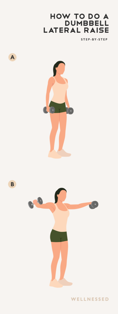 Step-by-step illustration of how to do a dumbbell lateral raise.