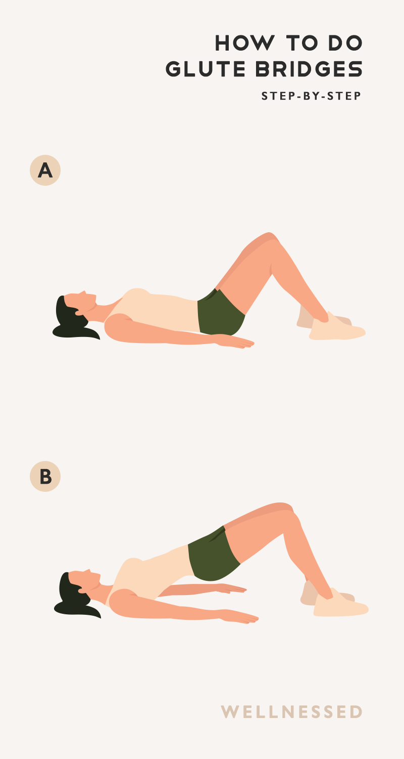 Step-by-step illustration of how to do a glute bridge exercise