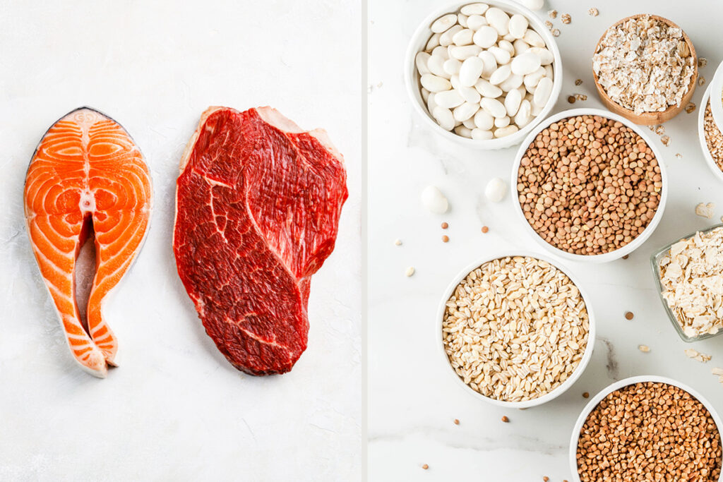Protein foods including salmon, steak, beans, and pulses
